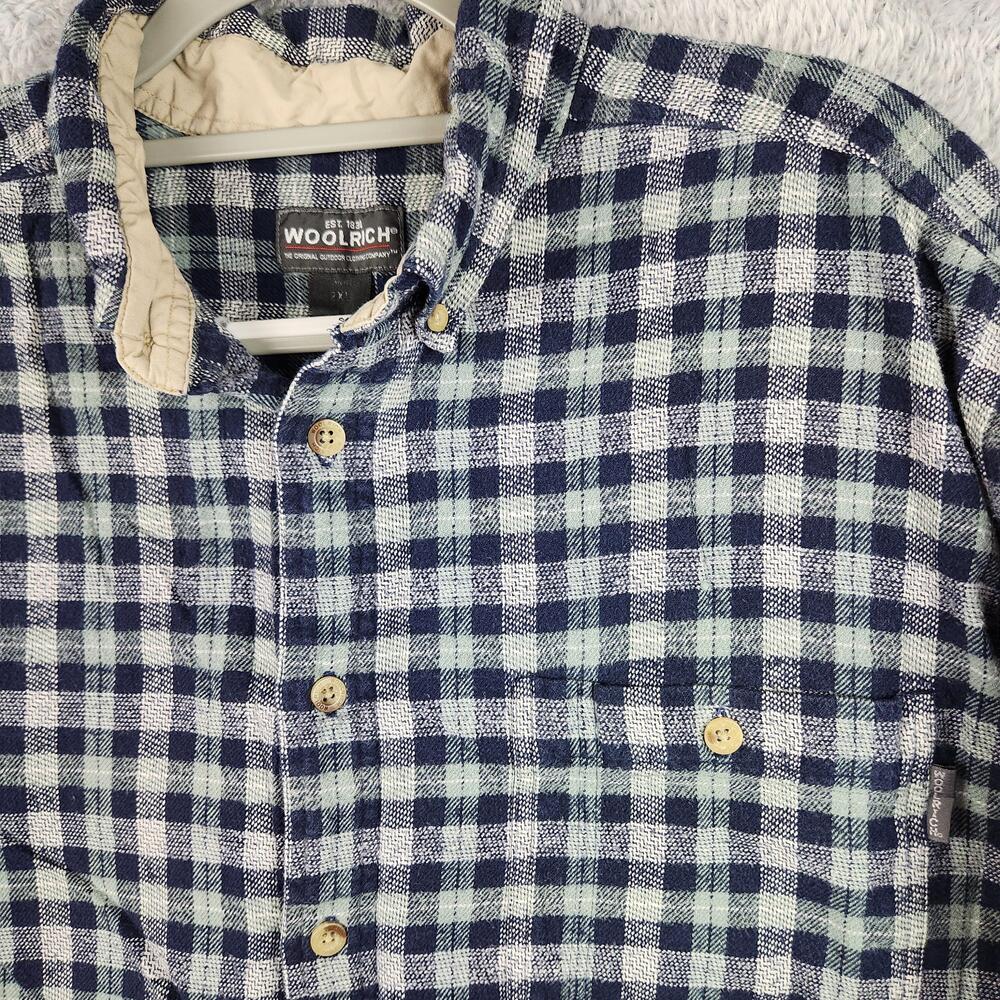 Woolrich Shirt Mens 2XL Blue Check Flannel Cotton Button Pocket Outdoor Hiking